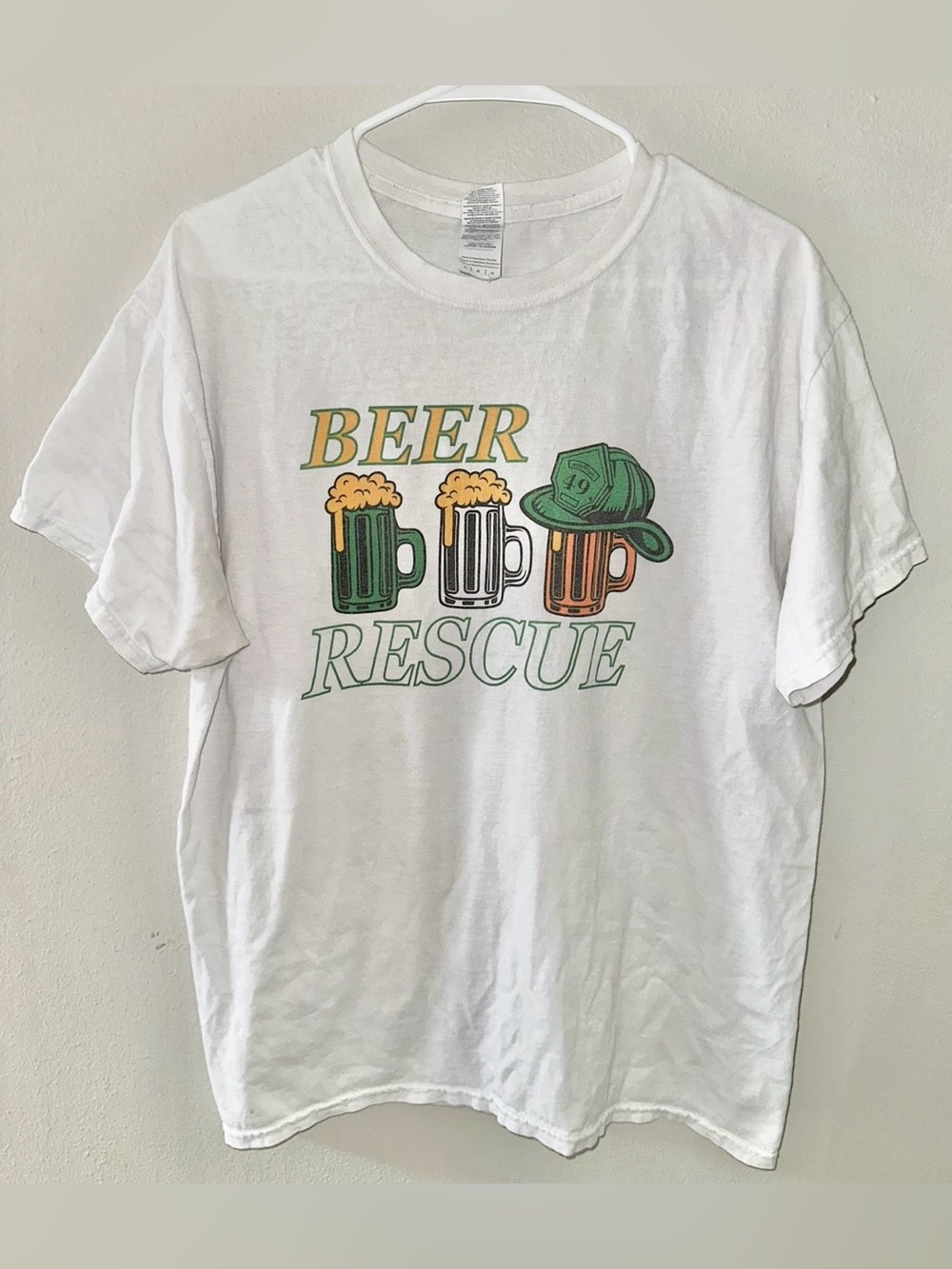 Beer Graphic T Shirt White with Green & Orange Print